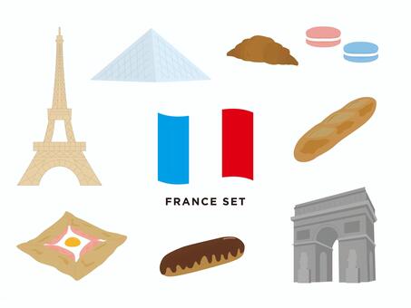 フランス　イラストセット フランス,国旗,フランスパン,クロワッサン,エクレア,マカロン,凱旋門,エッフェル塔,ガレット,ルーブル美術館のイラスト素材