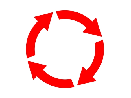 赤矢印（循環・4本線） 矢印,循環,回転,円,回る,サイクル,リサイクル,ループ,戻る,赤のイラスト素材