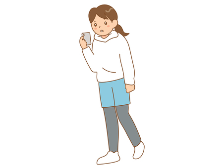 ながらスマホしながらウォーキングする女性  歩きスマホ,ながらスマホ,女性,ウォーキング,猫背,姿勢,だらだら,歩く,スマホ,ダイエットのイラスト素材