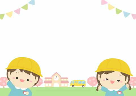 入園の子どもと幼稚園と桜、春の入園式 春,桜,入園,入園式,背景,フレーム,花,花びら,小学生,子どものイラスト素材