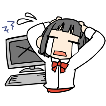 パソコンがエラーで泣く少女 小学生,パソコン,エラー,泣く,焦る,デジタル,涙,不安,ミス,失敗のイラスト素材