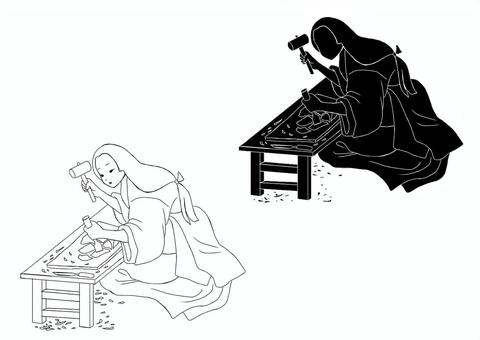 江戸時代彫師女性（線画） 女性,江戸時代,時代劇,彫師,人物,線画,シルエット,版画のイラスト素材