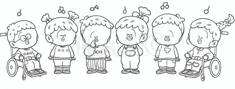 合唱する子どもたちの白黒手描きイラスト1 合唱コンクール,モノクロ,合唱のイラスト素材