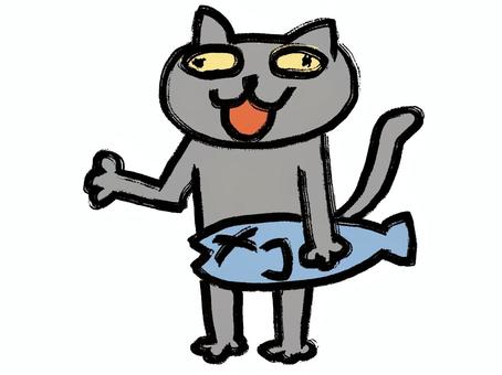 魚を持った灰色のねこ 魚,猫,シンプル,かわいい,動物のイラスト素材