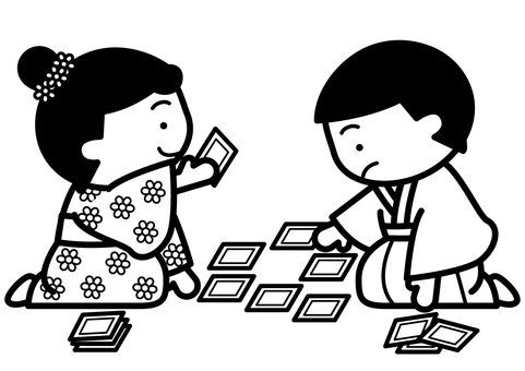 かるた-1c かるた,正月,勝負,遊び,着物,袴,男の子,女の子,笑顔,かわいいのイラスト素材