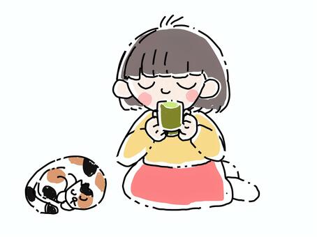 お茶を飲む女性と三毛猫 お茶,猫,女性,かわいい,人物のイラスト素材