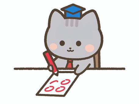 テストの採点をするねこ先生（サバトラ） 猫,ねこ,先生,採点,テスト,丸つけ,ネコ,動物,塾,教師のイラスト素材