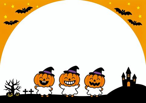 かわいいハロウィン背景フレーム ハロウィン,かぼちゃ,おばけ,コウモリ,魔女,帽子,古城,墓地,十字架,星のイラスト素材