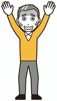  ニット中年男性(黄)-133-全身 降参,おじさん,男性,中年,お父さん,パパ,シニア,ミドルエイジ,人物,かわいいのイラスト素材