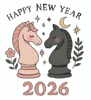 ピンクと黒のチェス風午年年賀状デザイン チェス,ナイト,駒,小物,午年,干支,動物,馬,happynewyear,年賀状のイラスト素材
