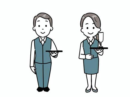 ウエイトレス男女 男性,女性,ウエイトレス,飲食業,ドリンク,接待,ユニホーム,紺,清潔,身だしなみのイラスト素材