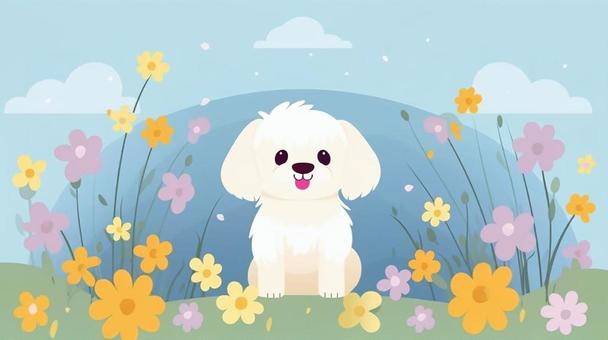 可愛い子犬ちゃんと花畑