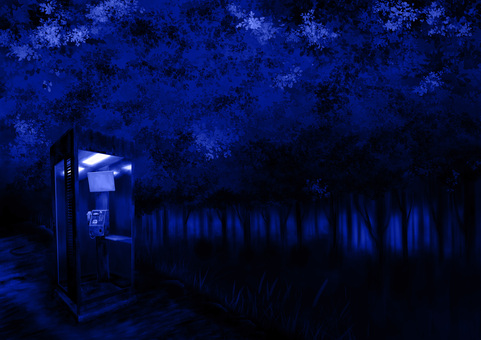 夜の心霊スポットの不気味な電話ボックス青 電話ボックス,心霊スポット,公衆電話,不気味,怖い,ホラー,恐怖,オカルト,電話,お化けのイラスト素材