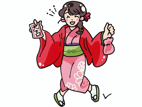 手描き・おみくじで大吉を引いた女性 手描き・おみくじで大吉を引いた女性 おみくじ,初詣,神社,大吉,占い,着物,人物,人,全身,女性のイラスト素材