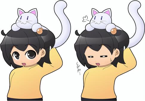 頭に猫を乗せる女の子_A 頭に猫を乗せる女の子_A 猫,白猫,女の子のイラスト素材