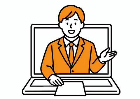 オンライン会議で話す30代ビジネスマン 人物,アジア人,日本人,中国人,ベクター,白バック,オンライン,仕事,男性,リモートのイラスト素材