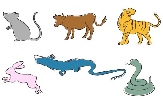 十二支　動物セットイラスト６ 十二支,年賀状,子,丑,寅,卯,辰,巳,動物,干支のイラスト素材