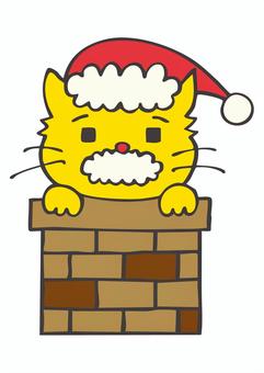 CH_C06_えんとつねこさんた クリスマス,サンタクロース,サンタ帽子,猫,煉瓦,煙突,かわいい,てがきのイラスト素材