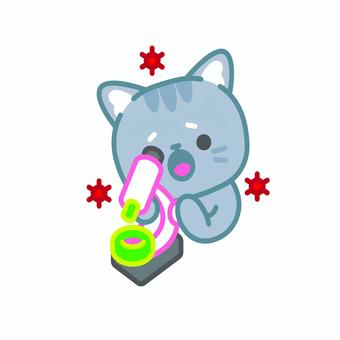 イラスト0133 猫,顕微鏡,観察,科学,研究,かわいい,イラスト,キャラクター,動物,理科のイラスト素材