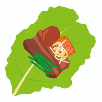 サムギョプサル サムギョプサル 韓国,サムギョプサル,外国,アジア圏,葉,肉,キムチ,にんにく,ネギ,包みのイラスト素材