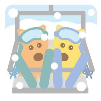 スキーリフト（きつね） リフト,スキー,帽子,雪,冬,正面,全身,黄色,オレンジ色,白色のイラスト素材