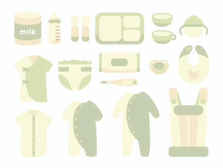 baby items green ベビーアイテム,おしゃれ,生活,セット,赤ちゃん,粉ミルク,哺乳瓶,離乳食,スプーン,フォークのイラスト素材