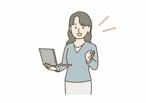 ノートパソコンを持ってプレゼンする女性 人物,女性,社会人,オフィスカジュアル,パソコン,ノートpc,プレゼン,説明,発表,ビジネスのイラスト素材