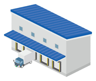 アイソメ図・トラックと倉庫 仕事,アイソメ図,アイソメトリック,鳥瞰図,俯瞰図,俯瞰,ビジネス,会社,職場,工場のイラスト素材