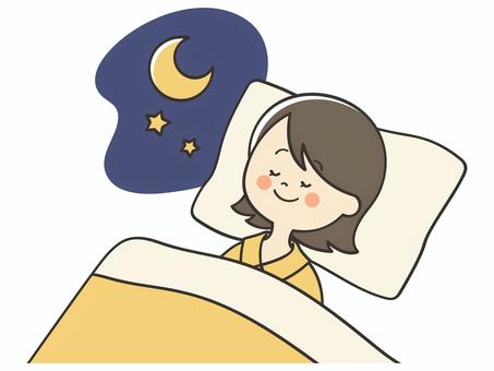 夜に眠っている若い女性 眠る,睡眠,寝る,就寝,昼寝,寝落ち,おやすみ,休憩,休息,安眠のイラスト素材
