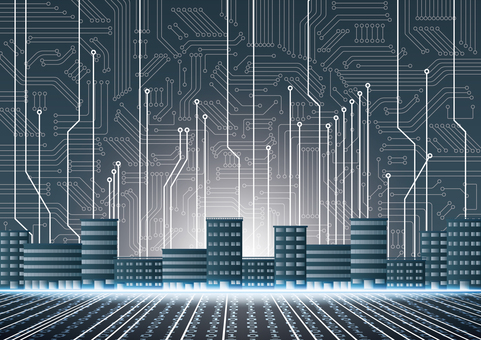 スタイリッシュなデジタル都市のイメージ デジタル,サイバー,テクノロジー,電子回路,都市,ビル,オフィス,スタイリッシュ,背景のイラスト素材