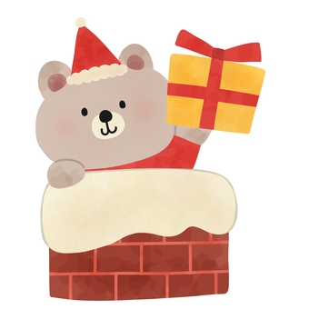 煙突からクリスマスプレゼントくま クリスマス,プレゼント,煙突,くま,サンタ,帽子,動物,絵本,可愛い,冬のイラスト素材