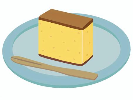 水色の皿に載ったカステラ　白背景 カステラ,お菓子,スイーツ,おやつ,甘い,美味しい,焼き菓子,食べ物,皿,お茶菓子のイラスト素材