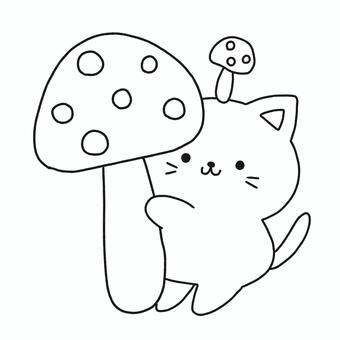 キノコと猫 キノコ,猫,秋,動物,モノトーン,塗り絵,可愛い,ゆるい,手描き,デコレーションのイラスト素材