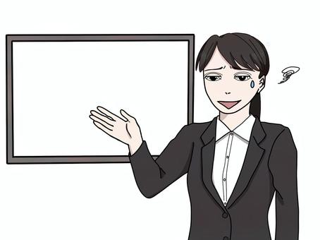 イヤイヤ　プレゼンするスーツ姿の女性 イヤイヤ,プレゼン,スーツ,女性,渋々,疲れ顔,ビジネス,ストレス,ホワイトボード,汗のイラスト素材