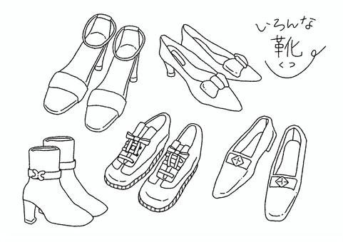いろんな靴_手描き線画イラストセット 手描き,線画,セット,靴,ヒール,サンダル,ローファー,スニーカー,ブーツ,ファッションのイラスト素材