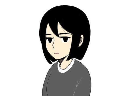 グレーの服を着た無表情の女性 人物,女性,黒髪,無表情,手描き,ペン画,シンプル,イラストのイラスト素材