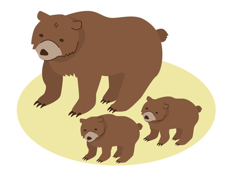 ヒグマの親子3頭（挿絵風） 熊,ヒグマ,親子,母熊,子熊,野生,3頭,子育て中,危険,凶暴のイラスト素材