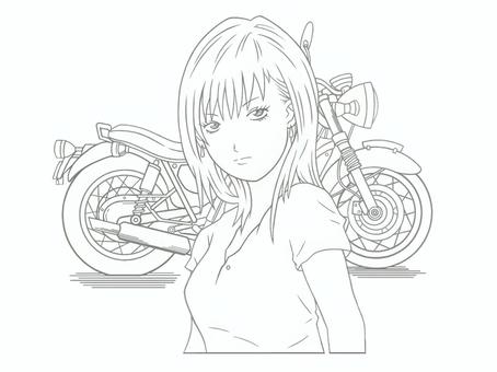 乗り物のバイクと可愛い女性(モノクロ) 乗り物,バイク,二輪車,ツーリング,ライダー,tシャツ,女性,手書き,可愛い,美人のイラスト素材