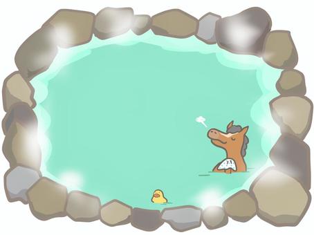 温泉ぽかぽかフレーム　うま 温泉,フレーム,馬,旅行,メッセージスペース,露天風呂,午,湯,干支,風呂のイラスト素材