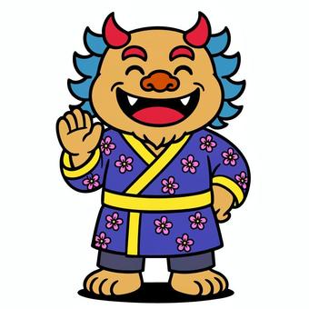 沖縄　民族衣装を着たシーサー 沖縄,シーサー,民族衣装,挨拶,キャラクターのイラスト素材