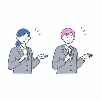 説明をするビジネス男女のイラスト 人物,ビジネス,就活,男性,女性,スーツ,説明,案内,提案,解説のイラスト素材
