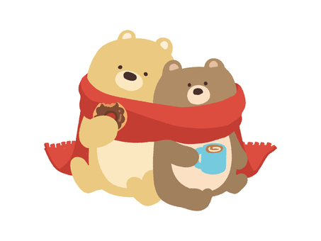 マフラーをつけた仲良しクマ兄弟 動物,冬,くま,マフラー,仲良し,兄弟,防寒,防寒着,ぽかぽか,暖かいのイラスト素材