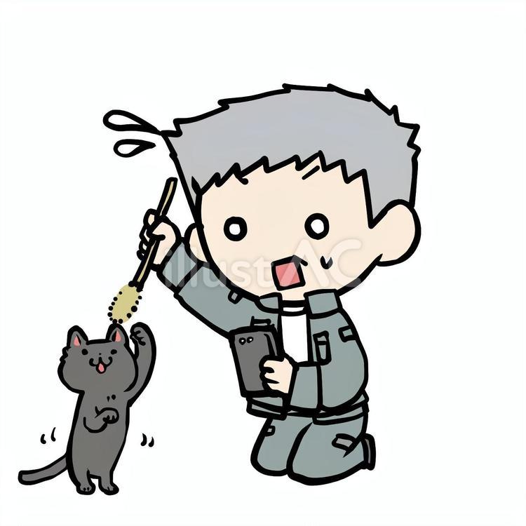 焦って猫をじゃらすおじいさん 焦る,猫,じゃらすのイラスト素材