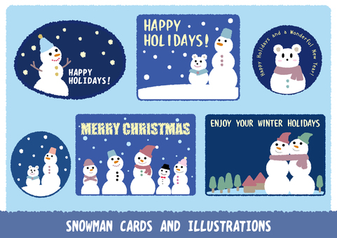 雪だるまのイラストセット スノーマン,雪だるま,雪,もこもこ,ふわふわ,ポストカード,ハガキ,クリスマス,xmas,降雪のイラスト素材