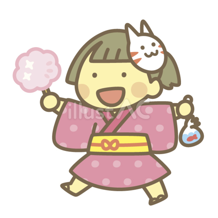 ワタあめと金魚もった女の子 夏休み,祭り,女の子のイラスト素材