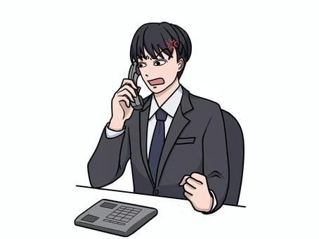 怒りながら電話対応するスーツ姿の男性 怒る,怒っている,電話,対応,応対,スーツ,男性,苛立ち,ビジネス,コールセンターのイラスト素材