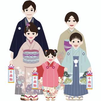 七五三　親子　 七五三,着物,３歳,５歳,７歳,親子,母,父,全身,女性のイラスト素材