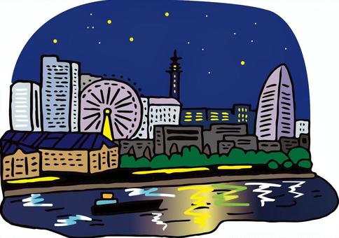 横浜夜景 横浜,夜景,みなとみらい,港,海,ネオン,船,風景,観光地のイラスト素材