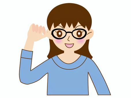 メガネ女子 メガネ,女性,人間,笑顔,ブルーのセーター,ミディアムヘア,黒縁のイラスト素材