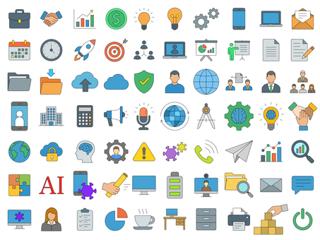 シンプルなビジネスのアイコンセット ビジネス,アイコン,ヒント,ディバイス,メール,リモート,プレゼン,ファイル,クラウド,ネットのイラスト素材
